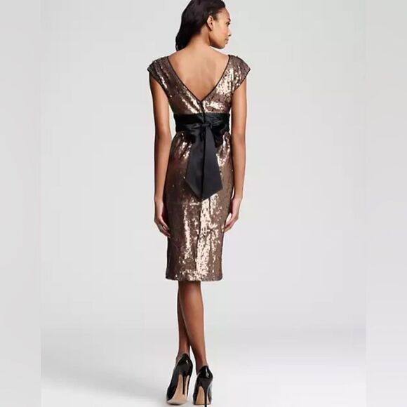 NWT BCBGMAXAZRIA Taupe Sequin Black Satin Trim 70s Glam Deep V Midi Dress Size S - Picture 5 of 13